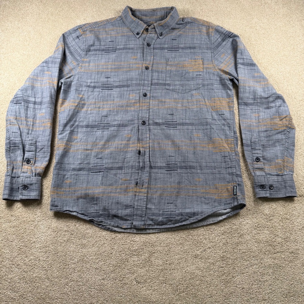 Prana Slim Fit Mens Large Grey Striped Long Sleeve Button Down Shirt L 2283